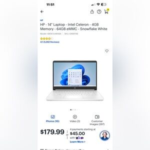 HP - 14" Laptop - Intel Celeron - 4GB
Memory - 64GB eMMC - Snowflake White
